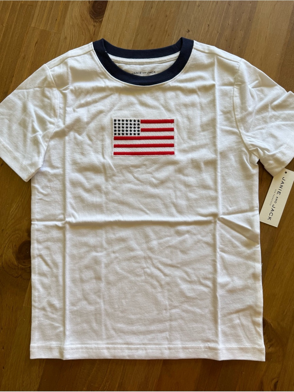 Janie and Jack White Tee with Navy Ringer and Flag Patch